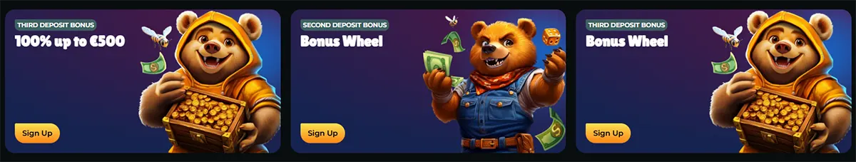 Casino bonus banner set featuring cartoon bear mascots, including a third deposit bonus of 100% up to €500 and bonus wheel offers, each with a sign-up button on a purple gradient background.