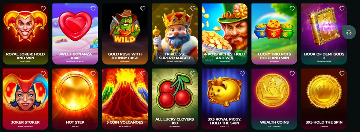 Online casino game selection grid showing colorful slot tiles including Royal Joker Hold and Win, Sweet Bonanza 1000, Gold Rush with Johnny Cash, Triple 5’s Supercharged, 4 Pots Riches Hold and Win, Lucky Trio Pots Hold and Win, Book of Demi Gods 2, Joker Stoker, Hot Step, 3 Coin Volcanoes, All Lucky Clovers 100, 3x3 Royal Piggy Hold the Spin, Wealth Coins, and 3x5 Hold the Spin.