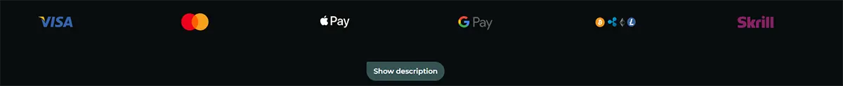 Payment methods banner displaying Visa, Mastercard, Apple Pay, Google Pay, cryptocurrency, and Skrill logos on a dark background, with a small “Show description” button below.