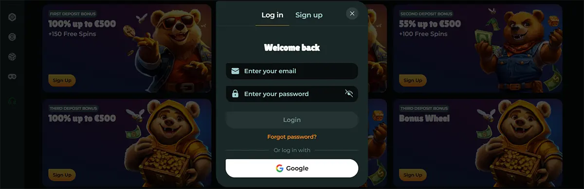 Online casino login popup with email and password fields, a Google login option, and a darkened background showing bear-themed bonus banners for first, second, and third deposit offers plus a bonus wheel promotion.